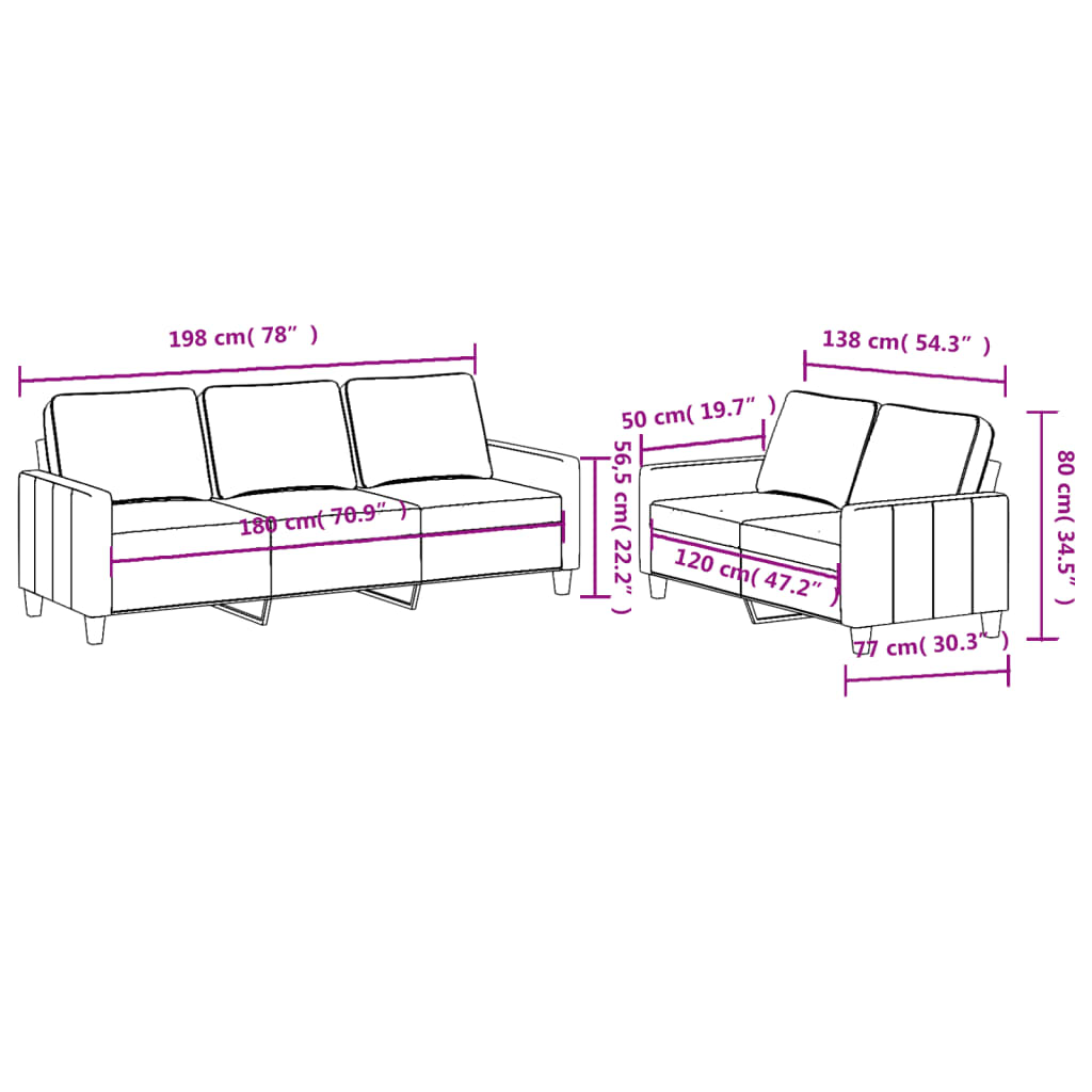 2-dijelni set sofa s jastucima krem od tkanine