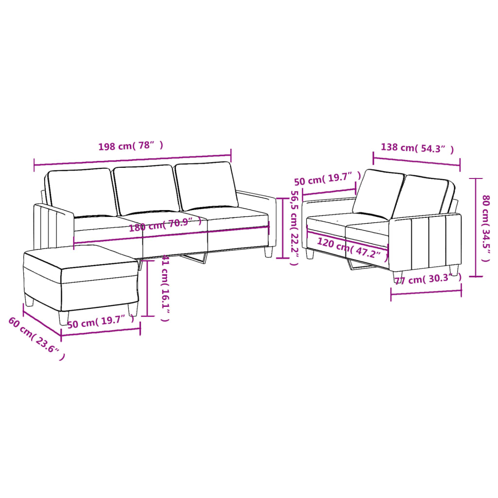 3-dijelni set sofa s jastucima krem od tkanine