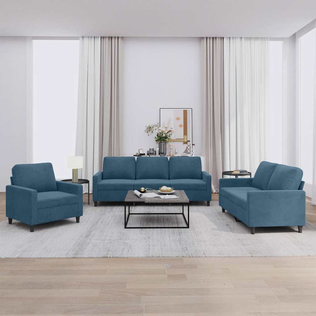 3-dijelni set sofa s jastucima plavi baršunasti