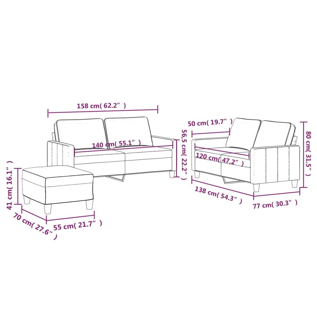 3-dijelni set sofa s jastucima ružičasti baršunasti