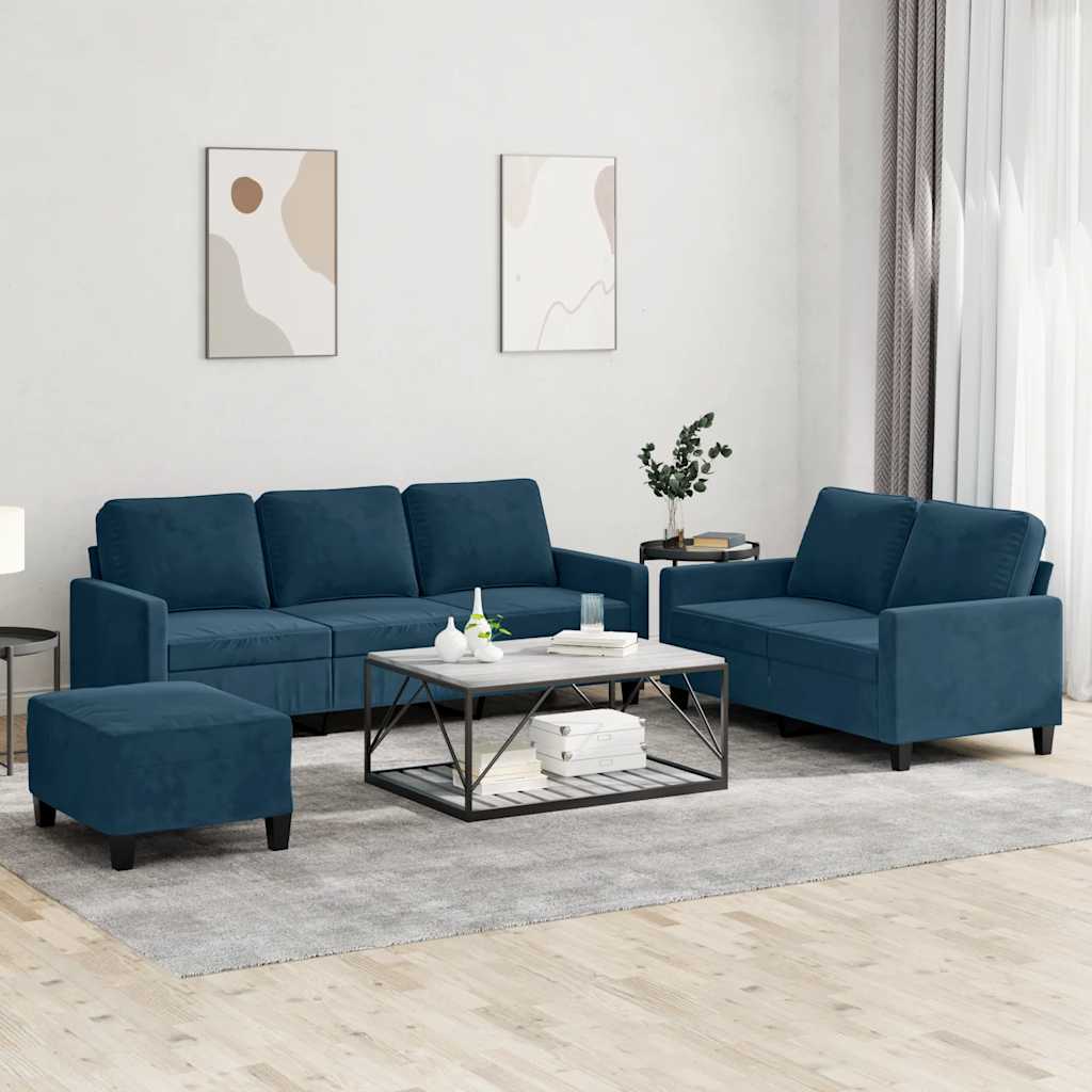 3-dijelni set sofa s jastucima plavi baršunasti