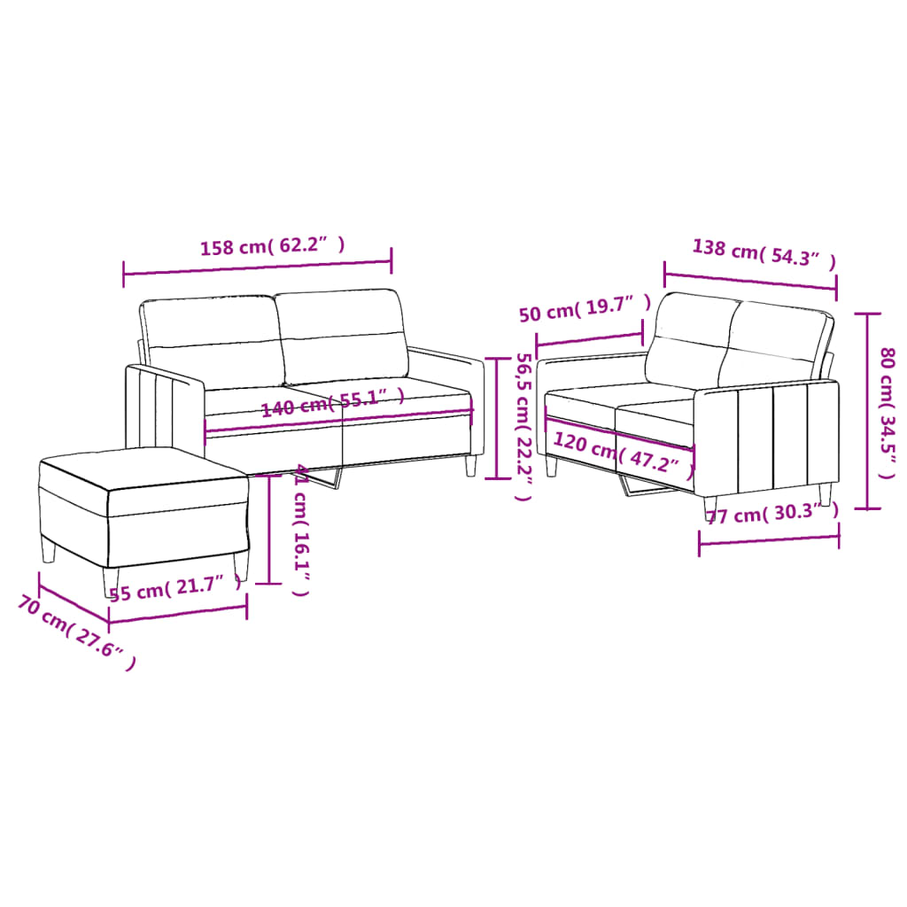 3-dijelni set sofa s jastucima crvena boja vina od tkanine