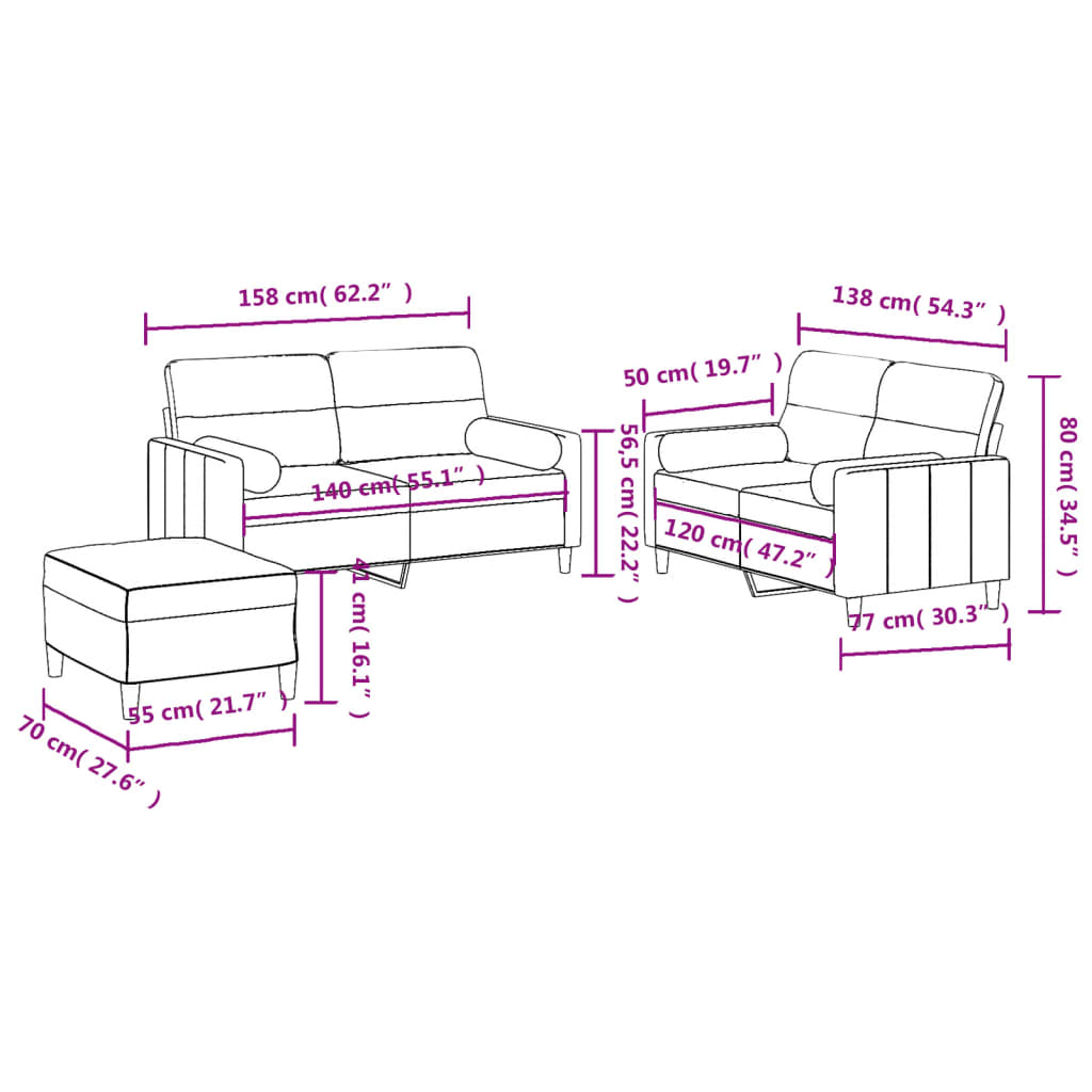 3-dijelni set sofa s jastucima svjetlosivi od tkanine