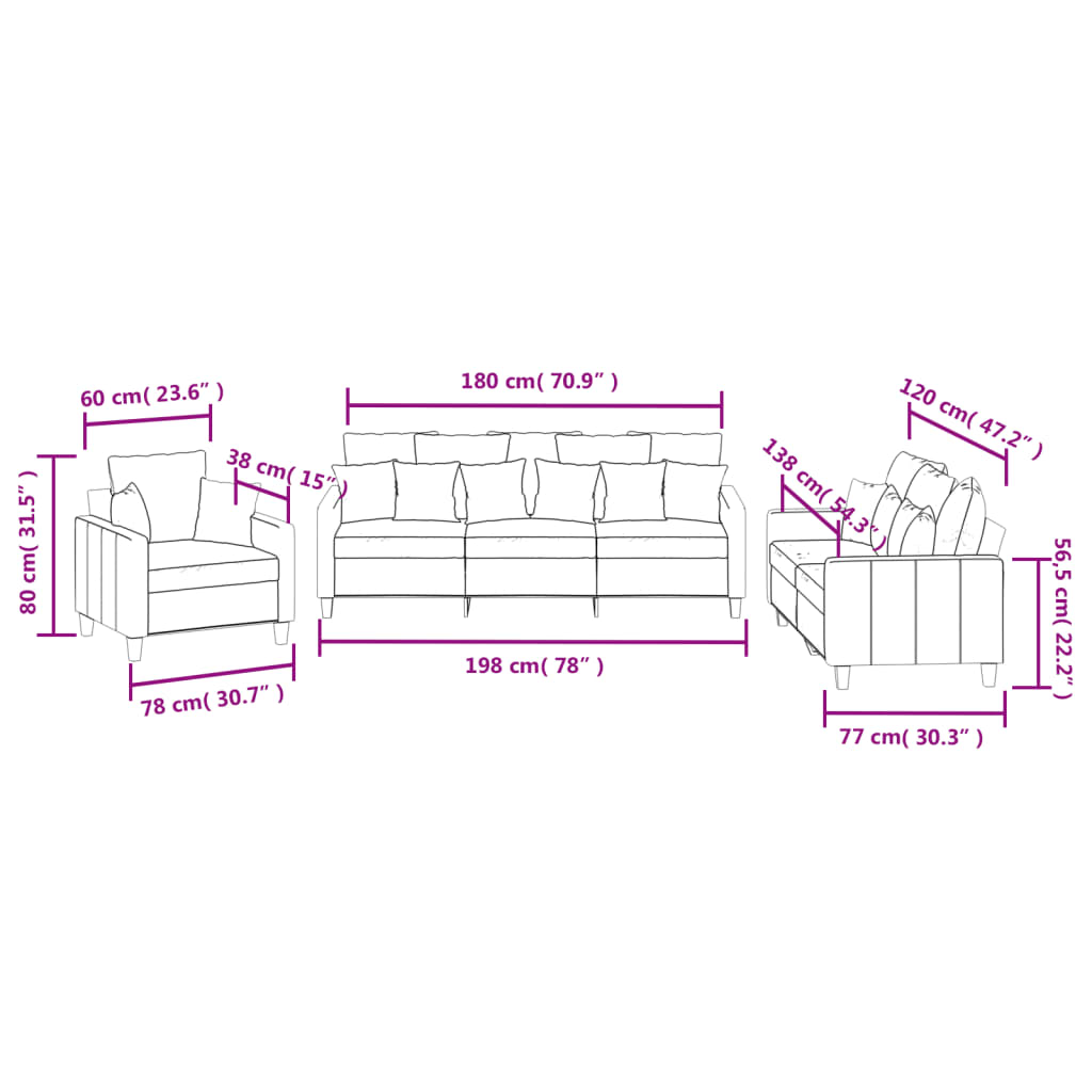 3-dijelni set sofa s jastucima smeđi od tkanine