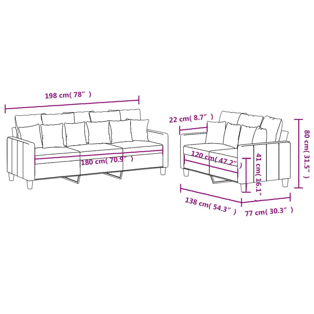 2-dijelni set sofa s jastucima krem od tkanine