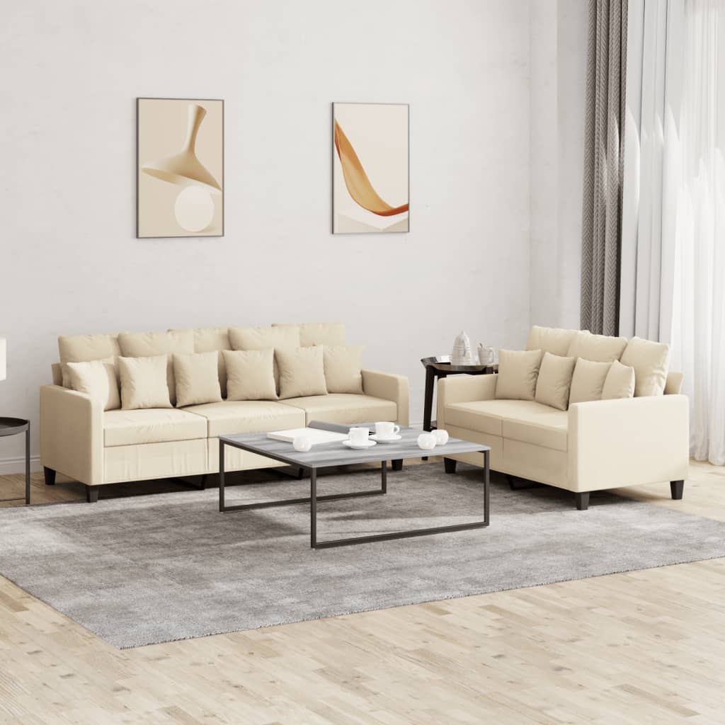 2-dijelni set sofa s jastucima krem od tkanine