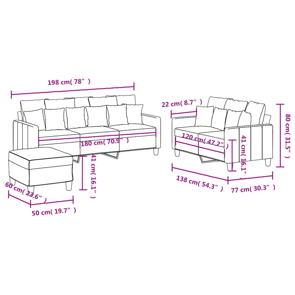 3-dijelni set sofa s jastucima svjetlosivi od tkanine