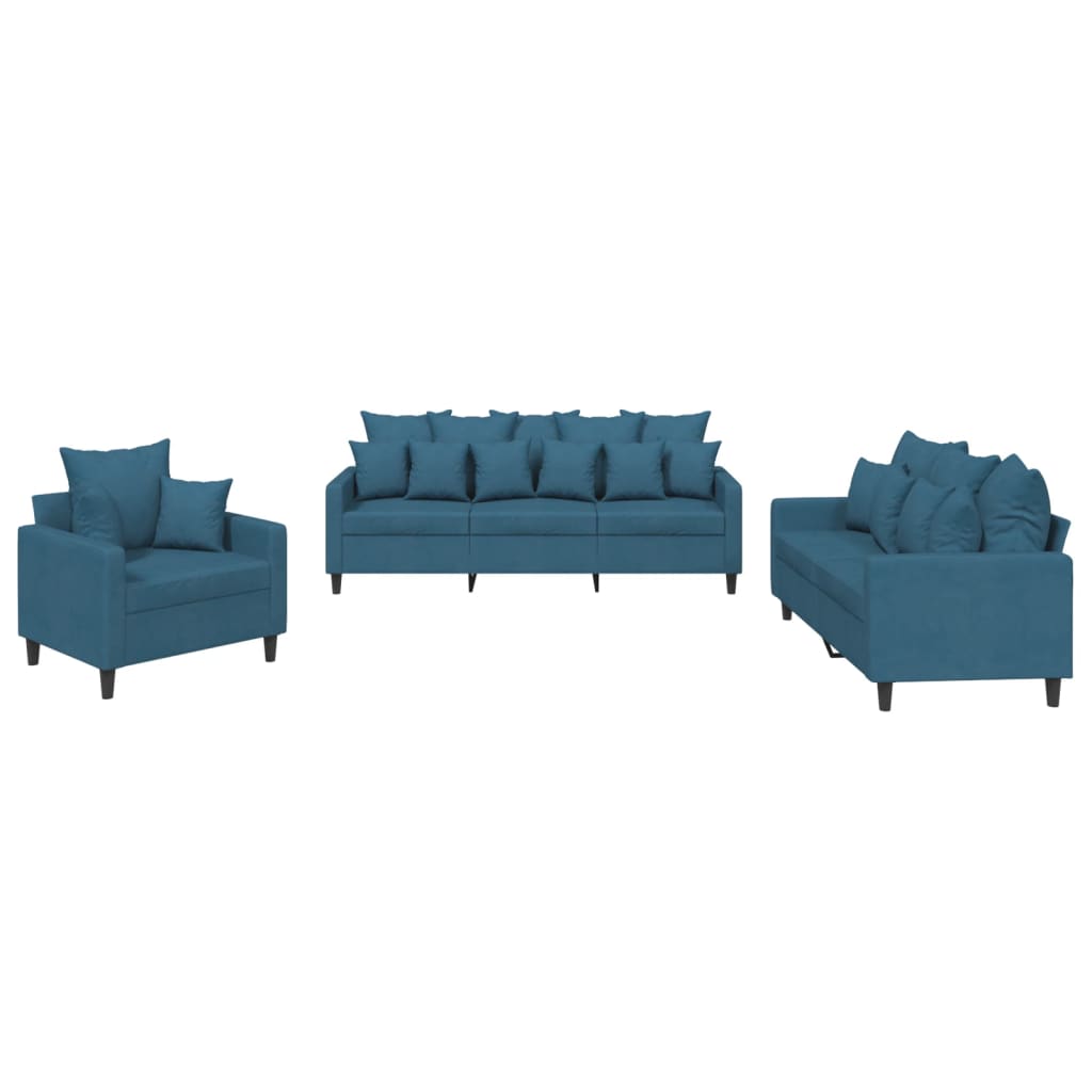 3-dijelni set sofa s jastucima plavi baršunasti