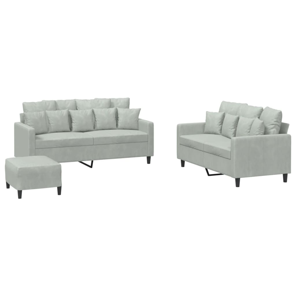 3-dijelni set sofa s jastucima svjetlosivi baršunasti