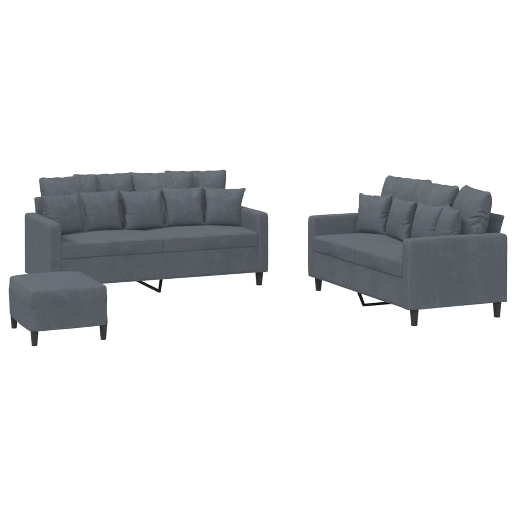 3-dijelni set sofa s jastucima tamnosivi baršunasti