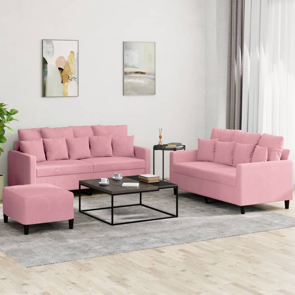 3-dijelni set sofa s jastucima ružičasti baršunasti
