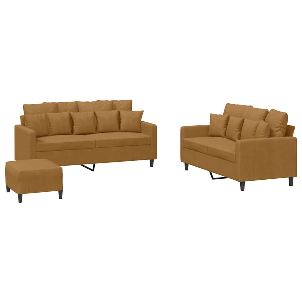 3-dijelni set sofa s jastucima smeđi baršunasti
