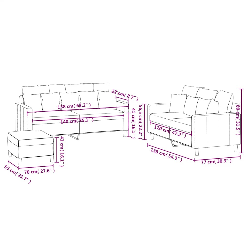 3-dijelni set sofa s jastucima krem baršunasti