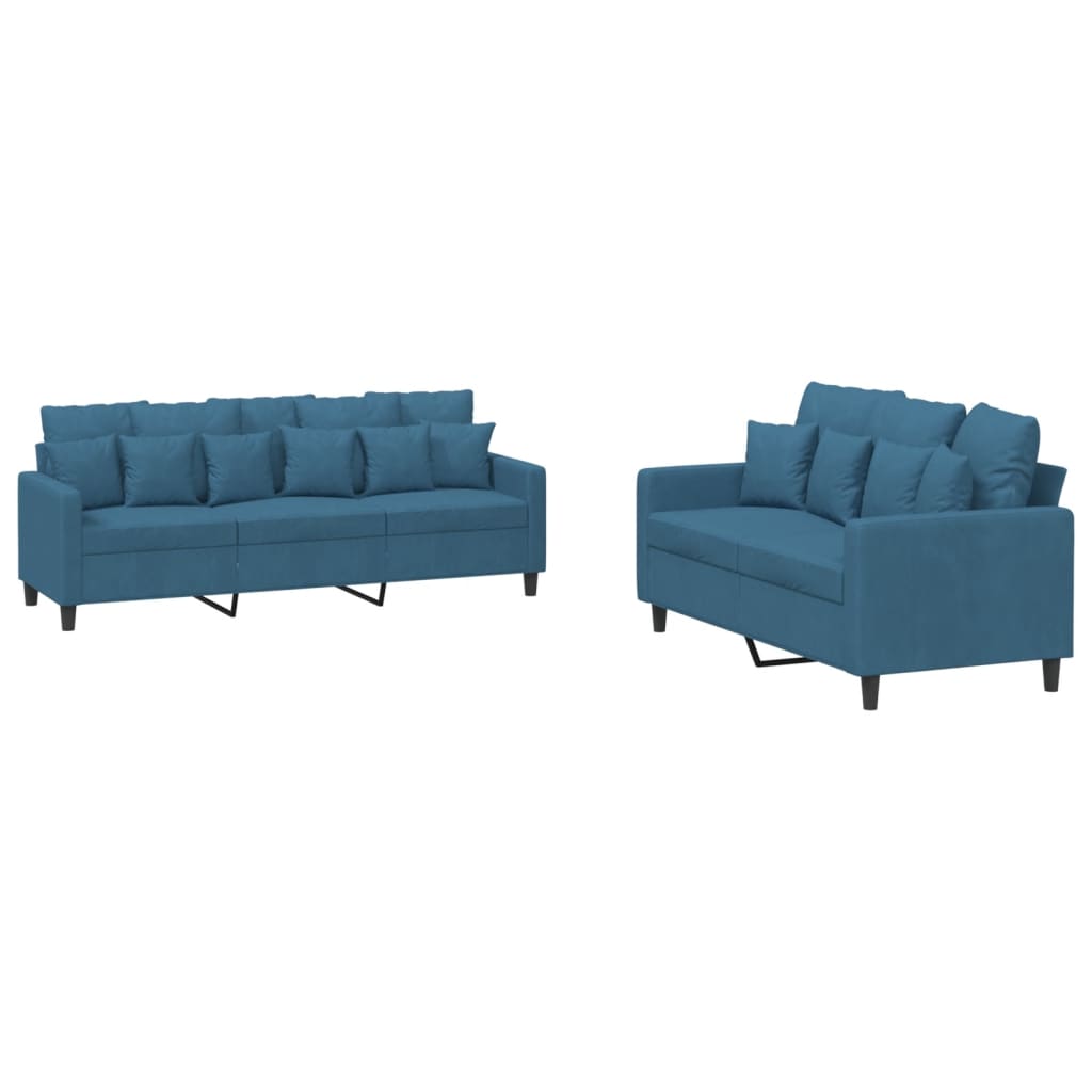 2-dijelni set sofa s jastucima plavi baršunasti