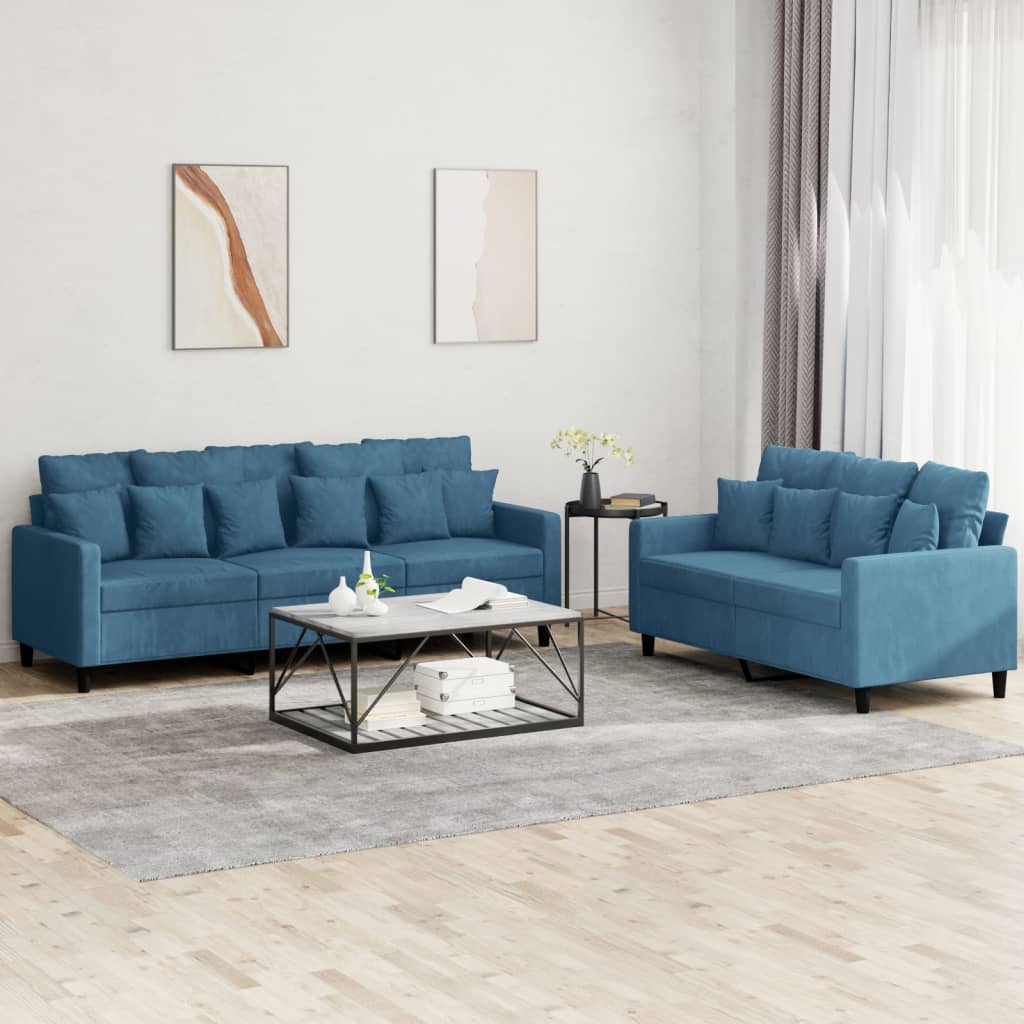 2-dijelni set sofa s jastucima plavi baršunasti