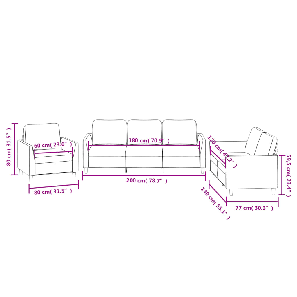 3-dijelni set sofa s jastucima boja vina od umjetne kože