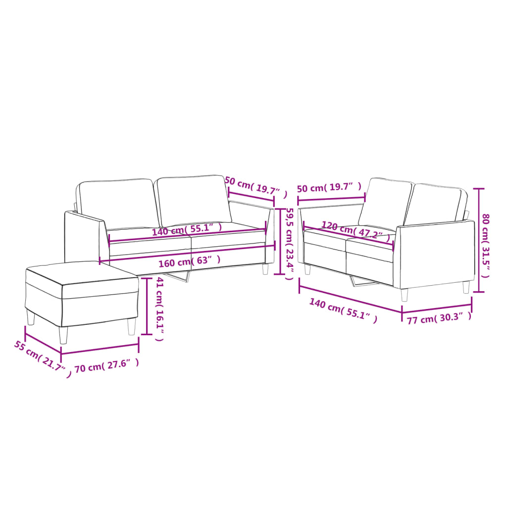 3-dijelni set sofa s jastucima krem od umjetne kože