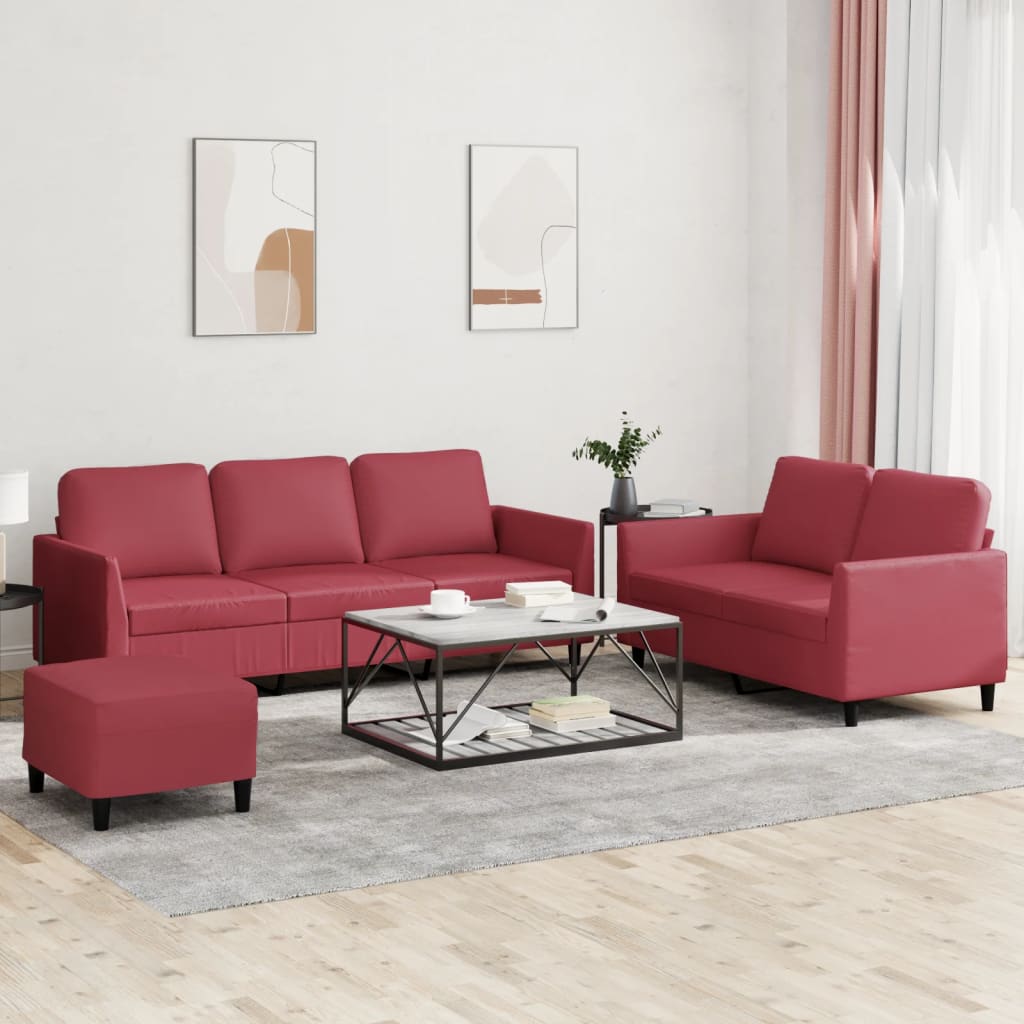 3-dijelni set sofa s jastucima boja vina od umjetne kože