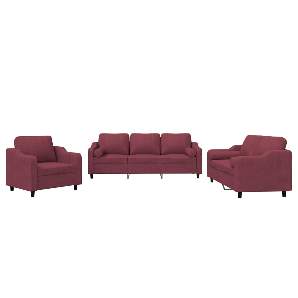3-dijelni set sofa s jastucima crvena boja vina od tkanine