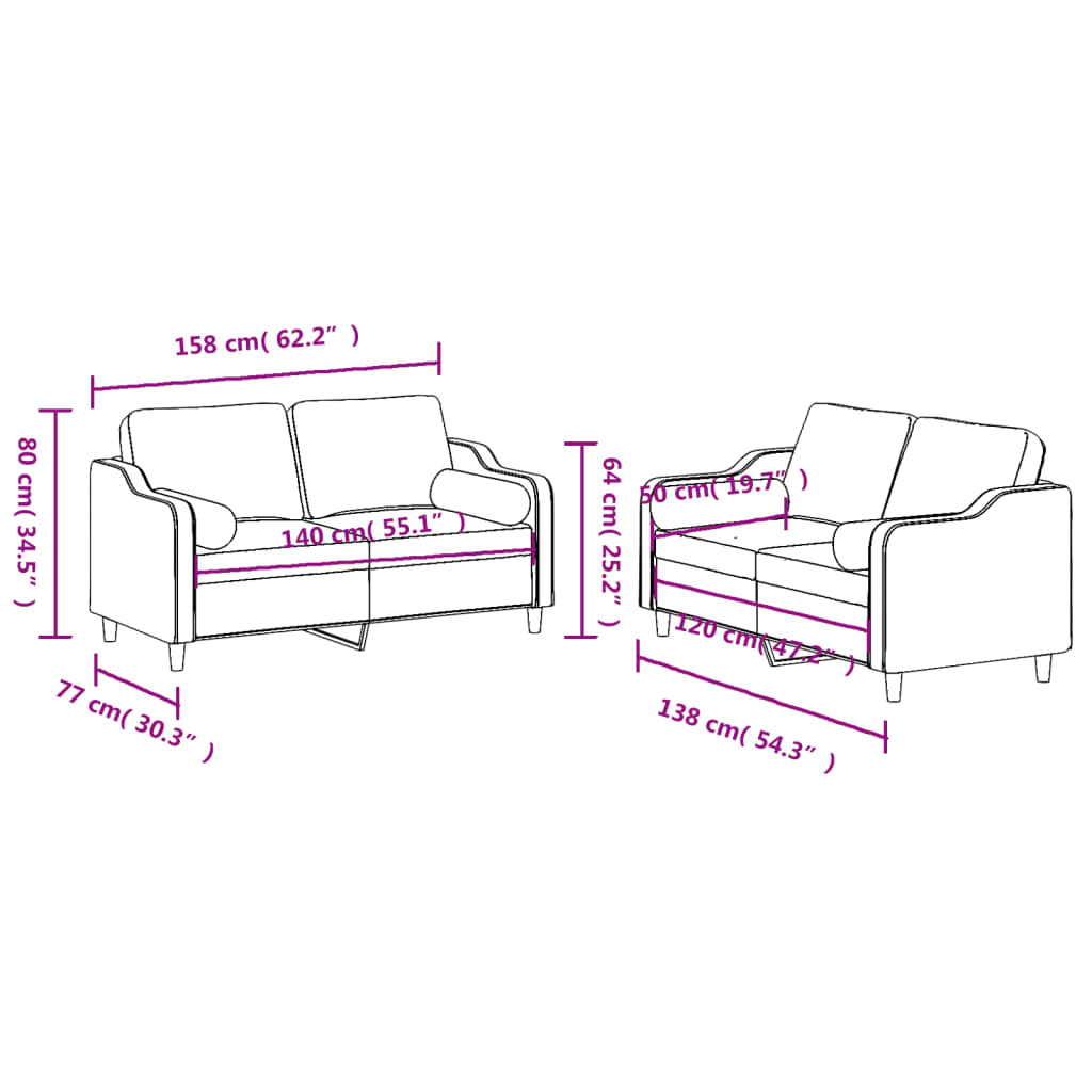2-dijelni set sofa s jastucima crni od tkanine