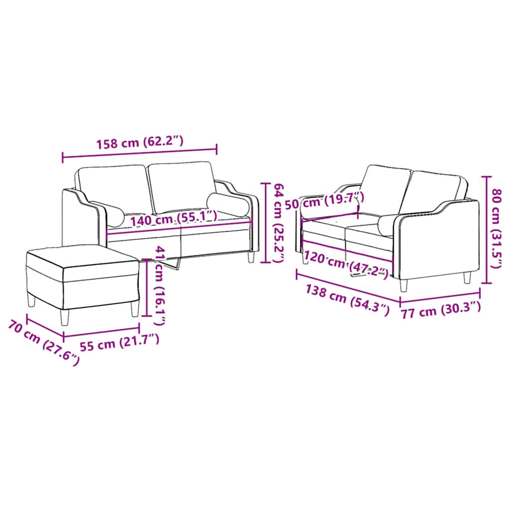 3-dijelni set sofa s jastucima crni od mikrovlakana