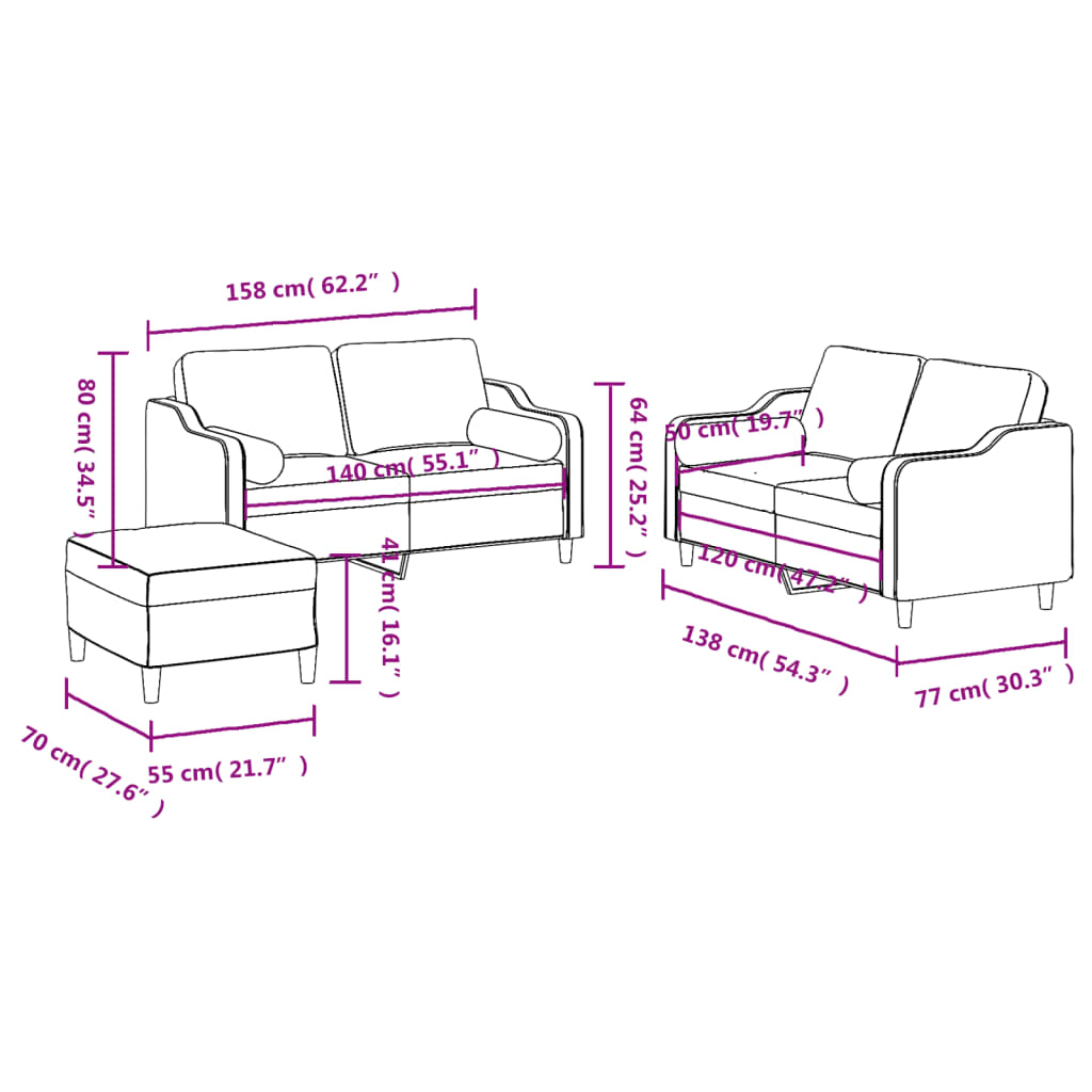 3-dijelni set sofa s jastucima smeđesivi od tkanine