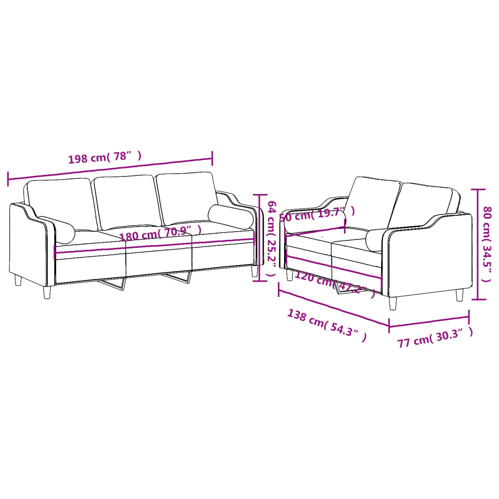 2-dijelni set sofa s jastucima crni od tkanine