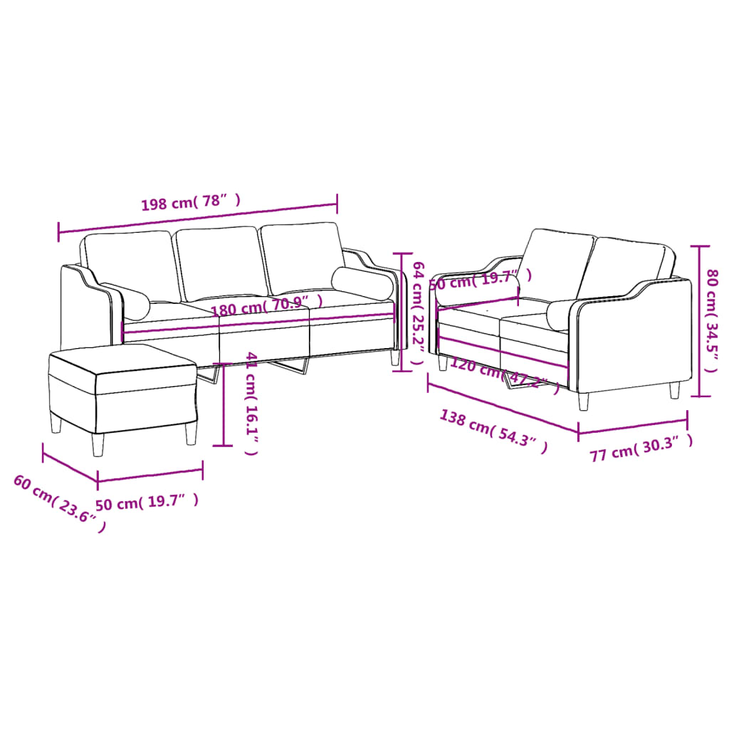 3-dijelni set sofa s jastucima smeđi od tkanine