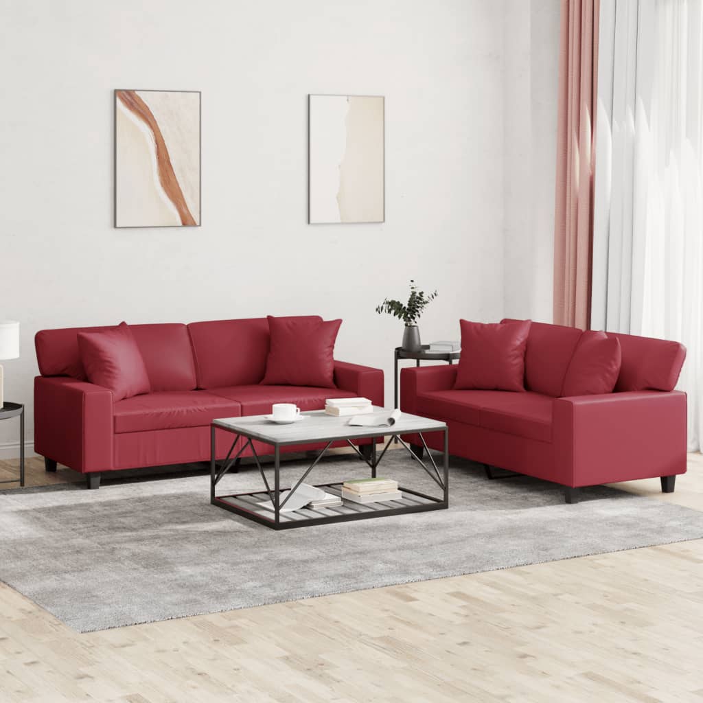 2-dijelni set sofa s jastucima boja vina od umjetne kože