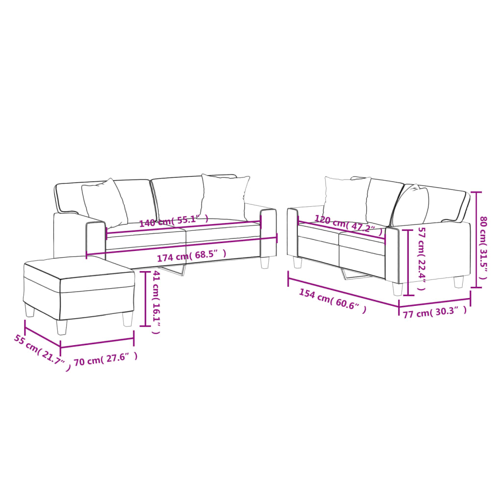 3-dijelni set sofa s jastucima boja cappuccina od umjetne kože