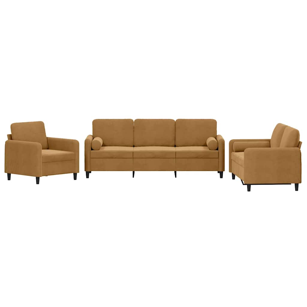 3-dijelni set sofa s jastucima smeđi baršunasti