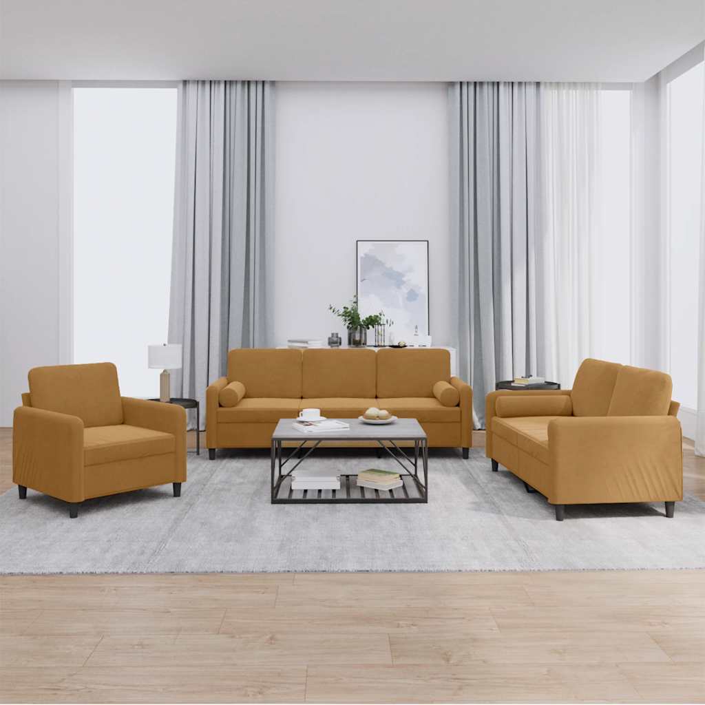 3-dijelni set sofa s jastucima smeđi baršunasti
