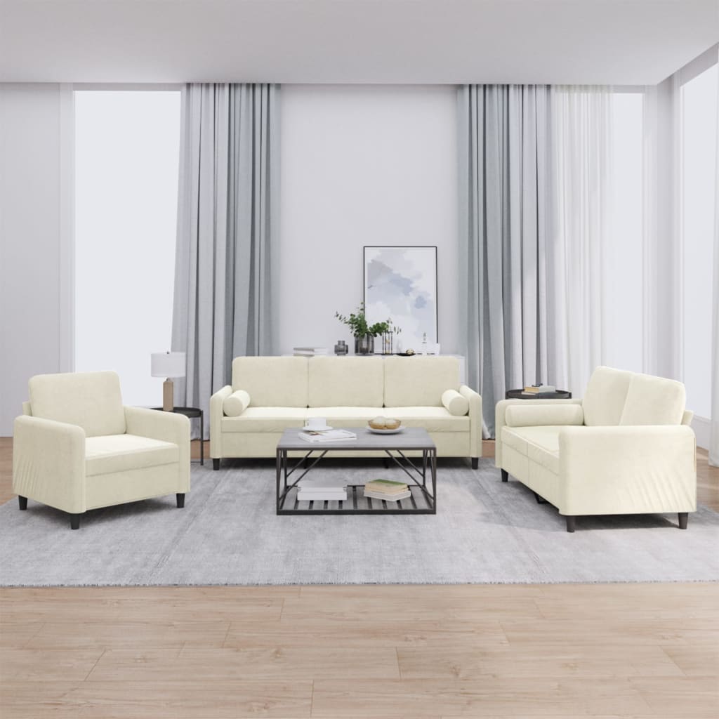 3-dijelni set sofa s jastucima krem baršunasti