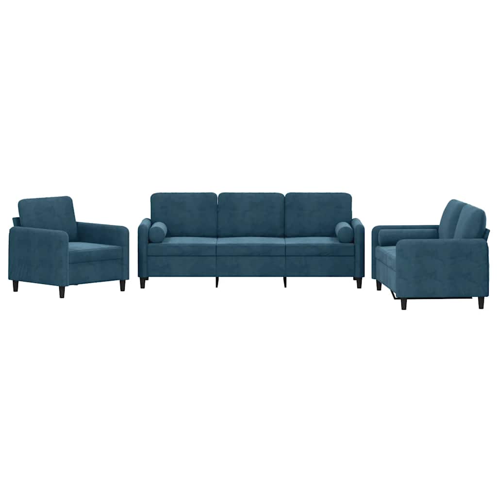 3-dijelni set sofa s jastucima plavi baršunasti