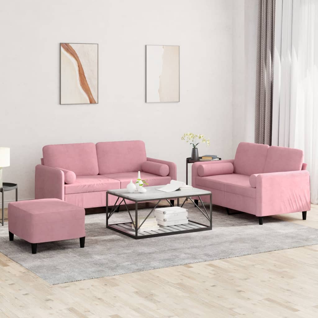 3-dijelni set sofa s jastucima ružičasti baršunasti