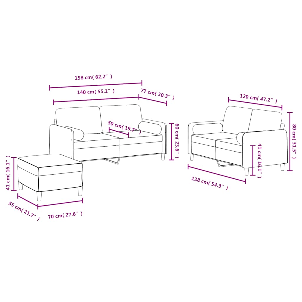 3-dijelni set sofa s jastucima crni baršunasti
