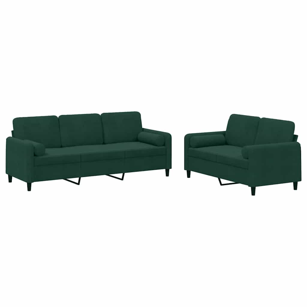 2-dijelni set sofa s jastucima tamnozeleni baršunasti