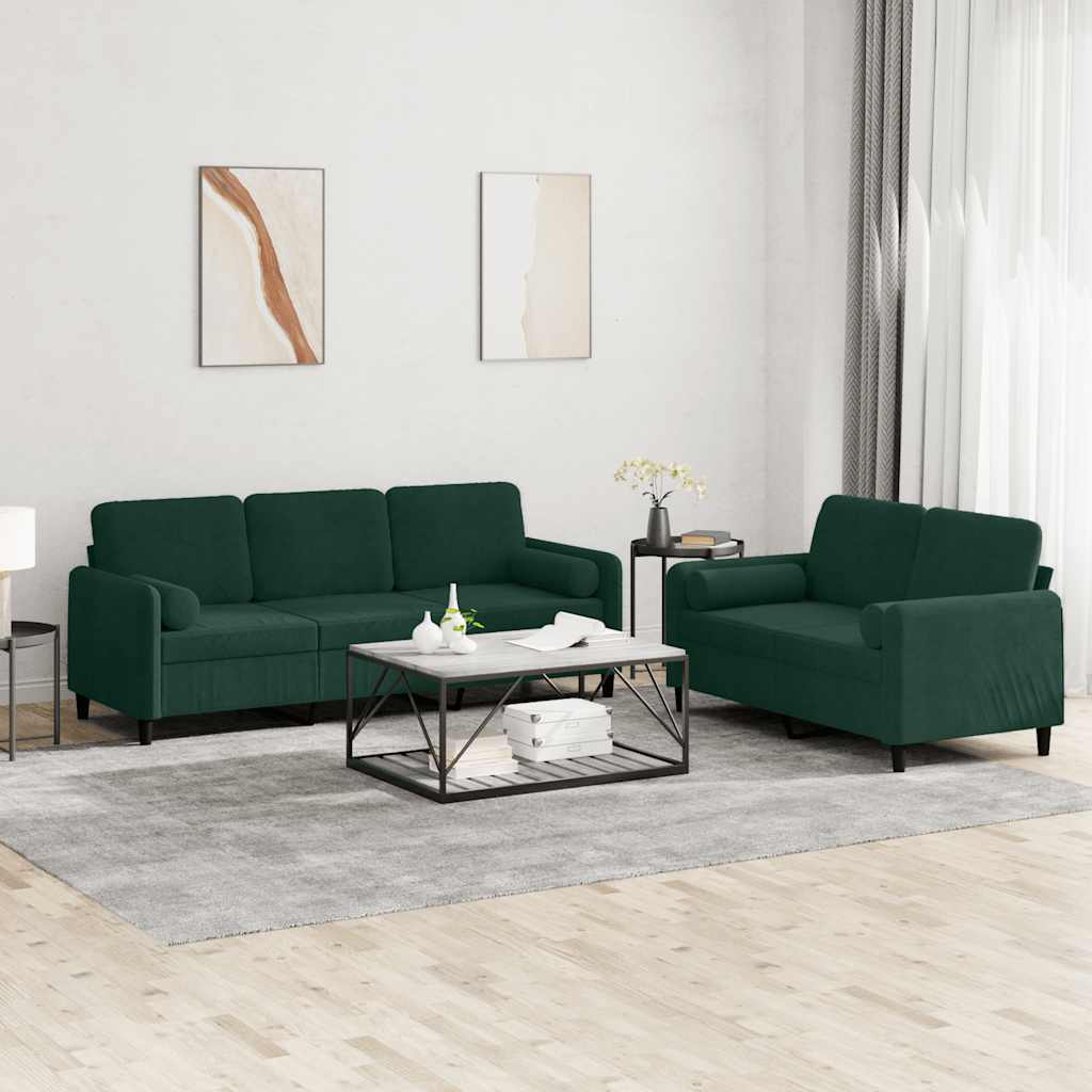 2-dijelni set sofa s jastucima tamnozeleni baršunasti