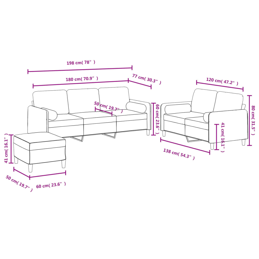 3-dijelni set sofa s jastucima ružičasti baršunasti