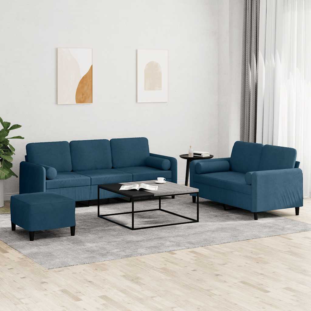 3-dijelni set sofa s jastucima plavi baršunasti