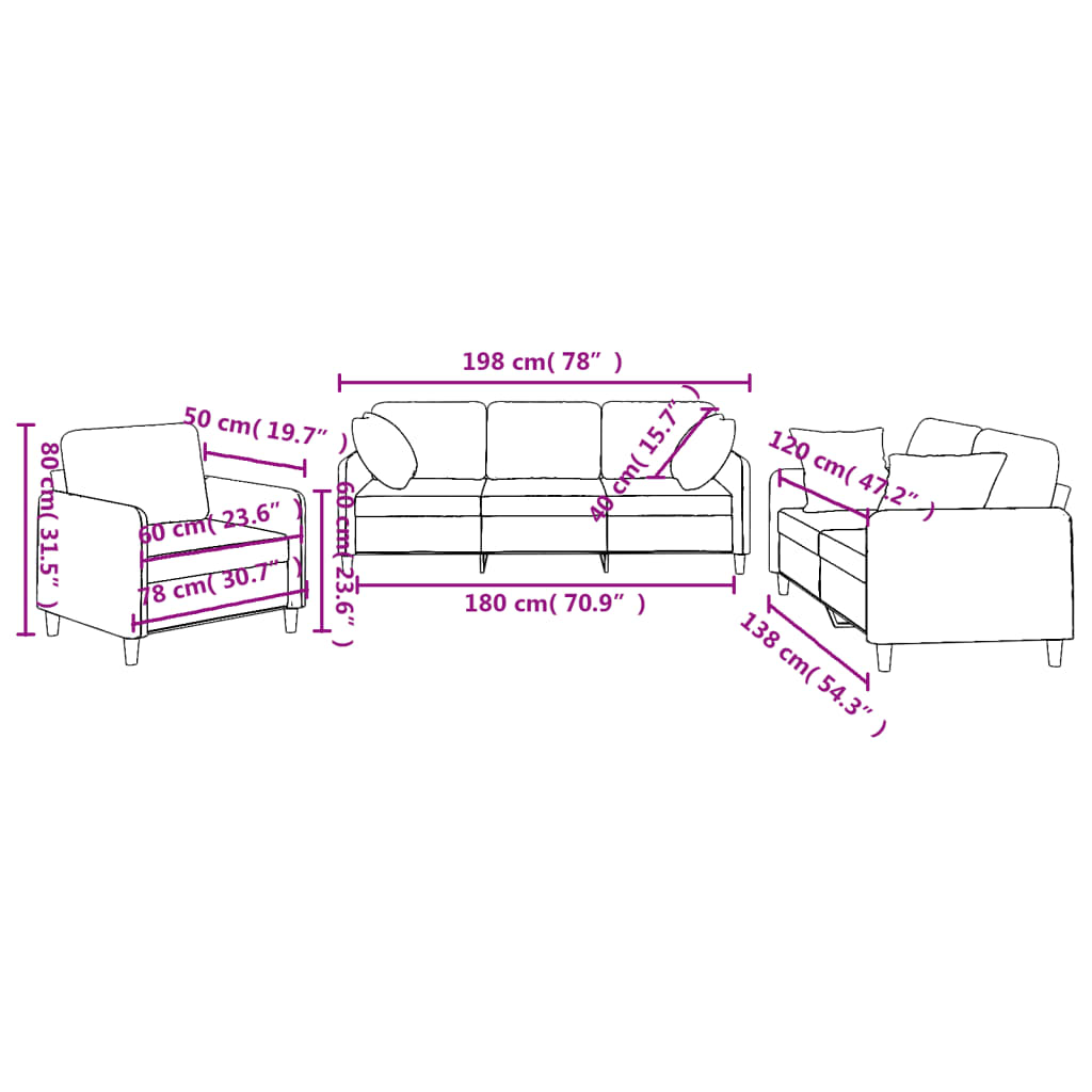 3-dijelni set sofa s jastucima svjetlosivi od tkanine