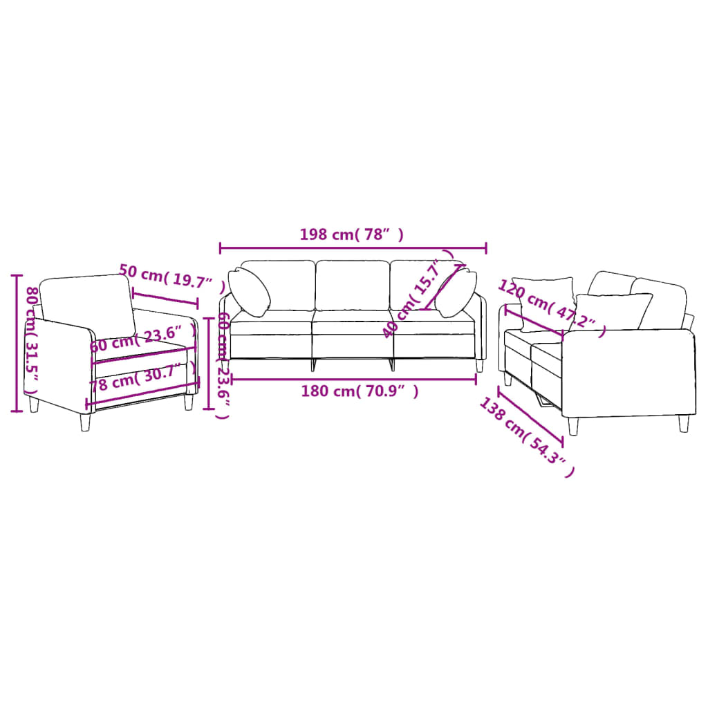 3-dijelni set sofa s jastucima smeđi od tkanine
