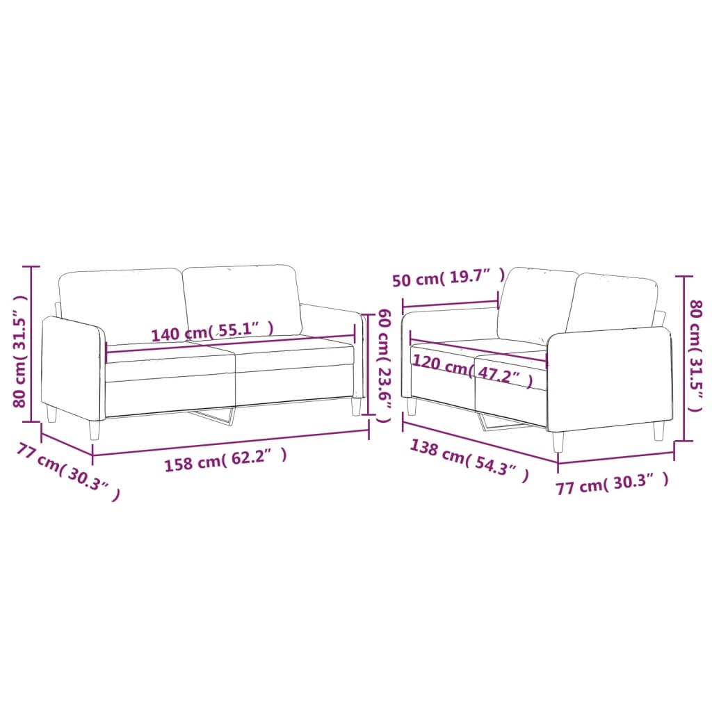 2-dijelni set sofa s jastucima krem od tkanine