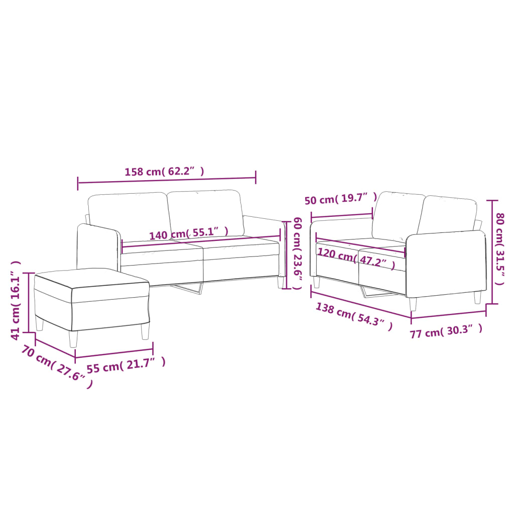 3-dijelni set sofa s jastucima svjetlosivi od tkanine