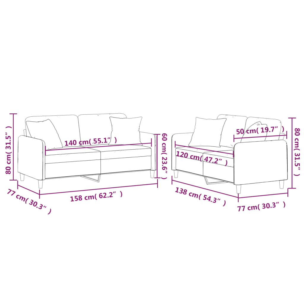 2-dijelni set sofa s jastucima svjetložuti od tkanine