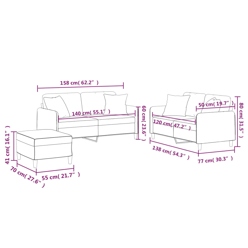 3-dijelni set sofa s jastucima krem od mikrovlakana