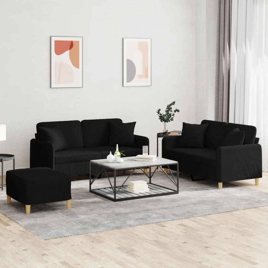 3-dijelni set sofa s jastucima crni od mikrovlakana