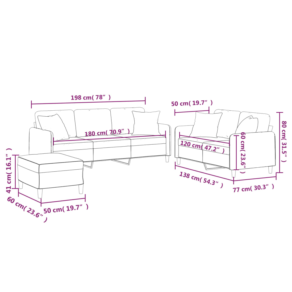 3-dijelni set sofa s jastucima smeđi od tkanine