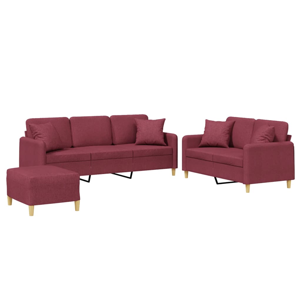 3-dijelni set sofa s jastucima crvena boja vina od tkanine