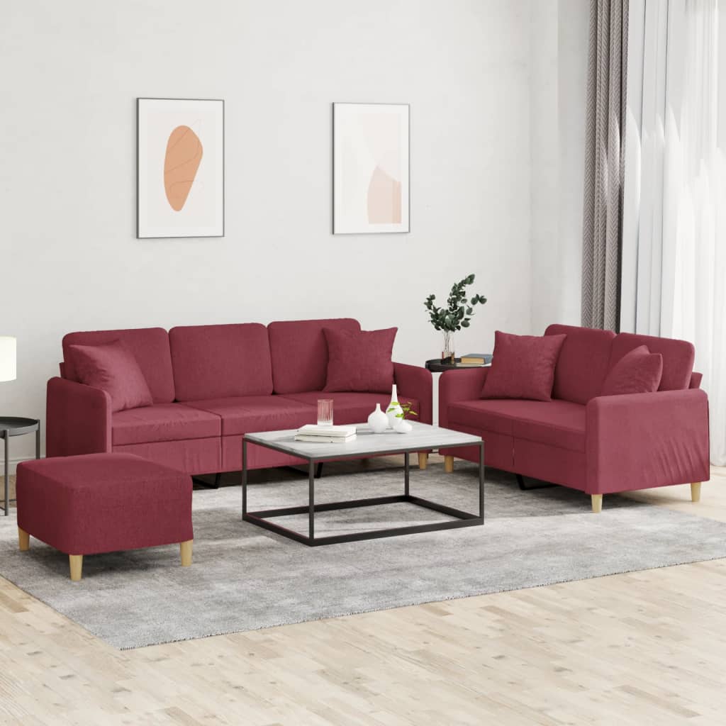 3-dijelni set sofa s jastucima crvena boja vina od tkanine